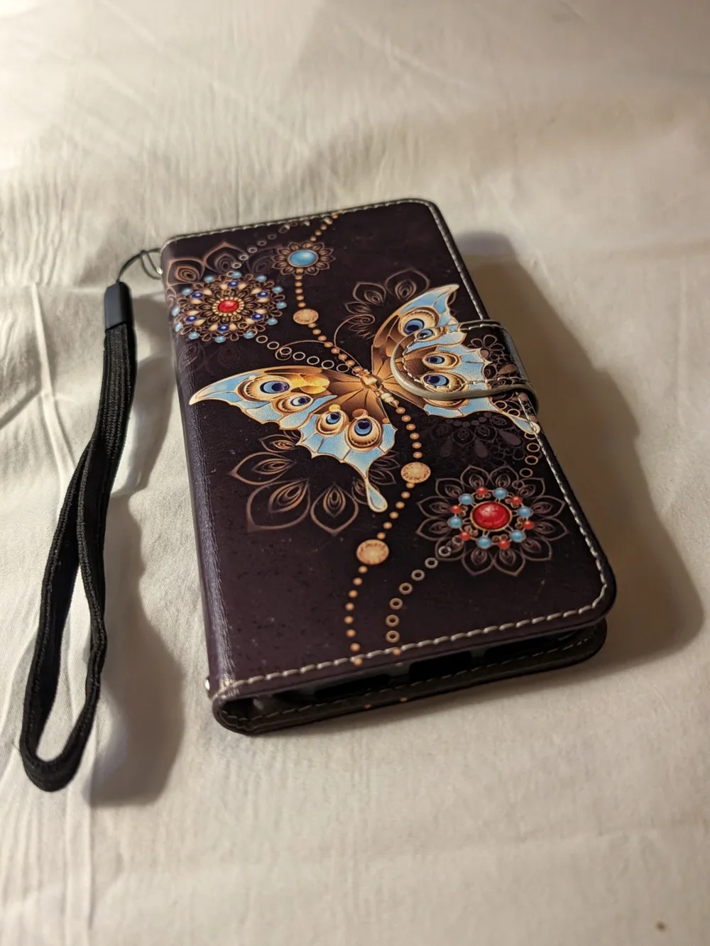 Purple Butterfly Wallet Phone Case with Wrist Strap